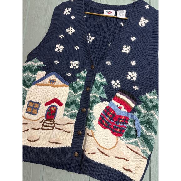 Vintage 90s Nutcracker Christmas Knit Sweater Vest L Snowman, House, Snowflakes - Picture 3 of 4
